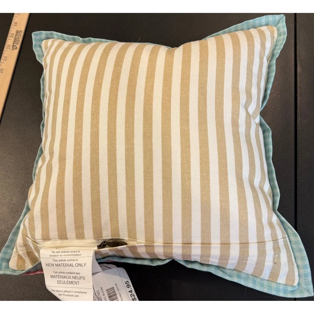 Pier 1 Throw Pillow Tan Bunny Floral‎ Embroidered Striped Farmhouse Easter 12X12